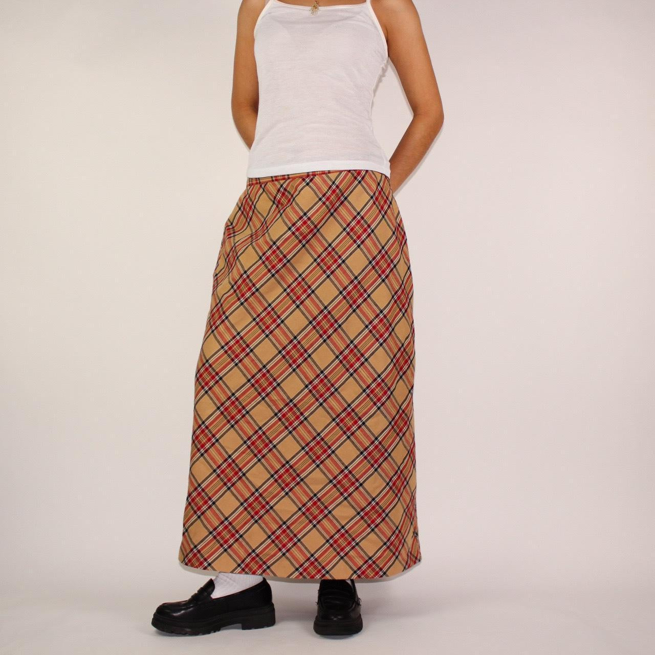 90s plaid red beige and black maxi skirt