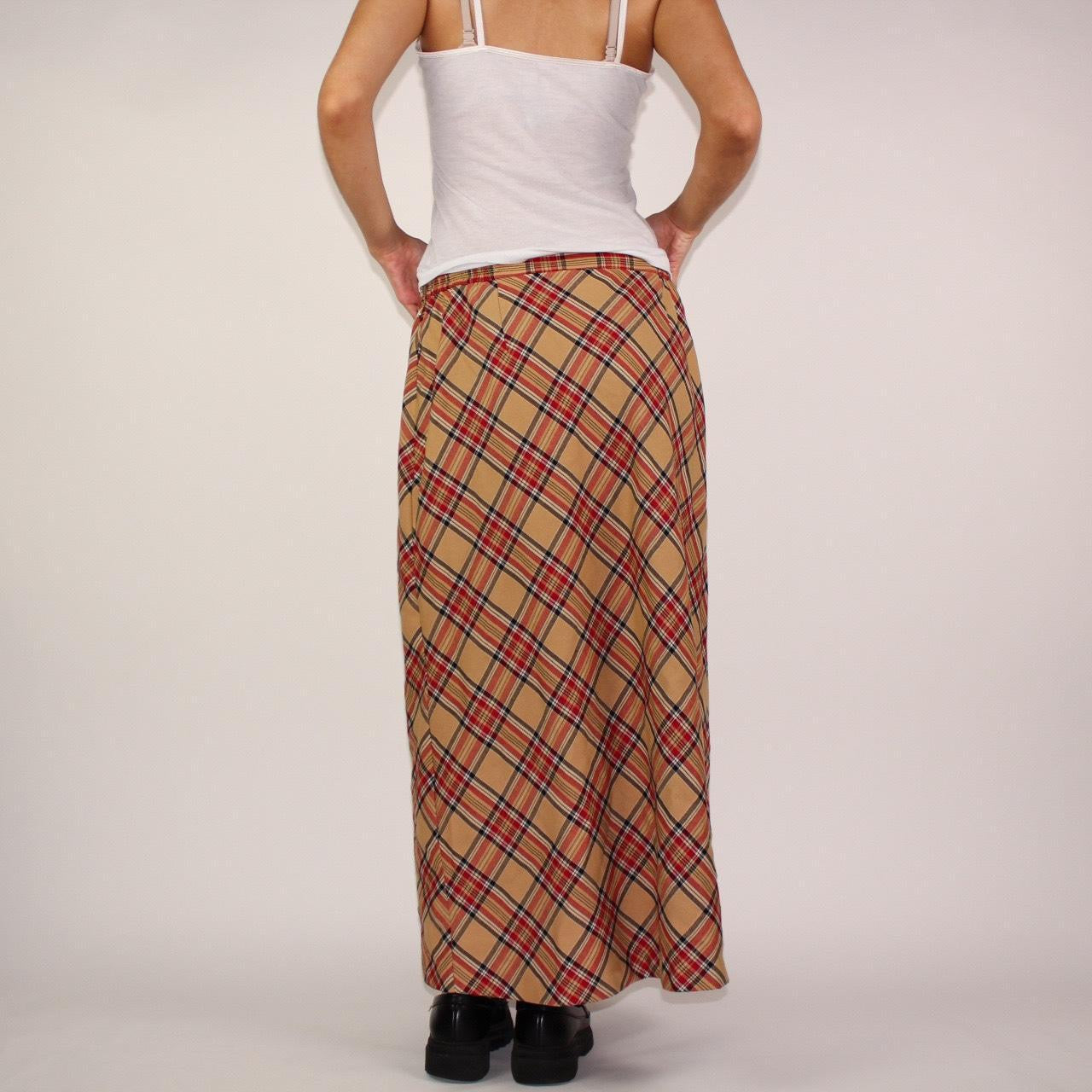 90s plaid red beige and black maxi skirt