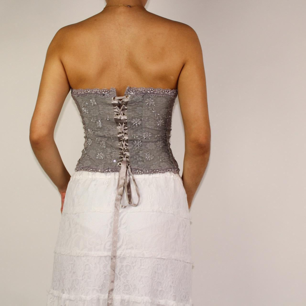 2000s sparkly beaded grey and silver strapless lace-up corset