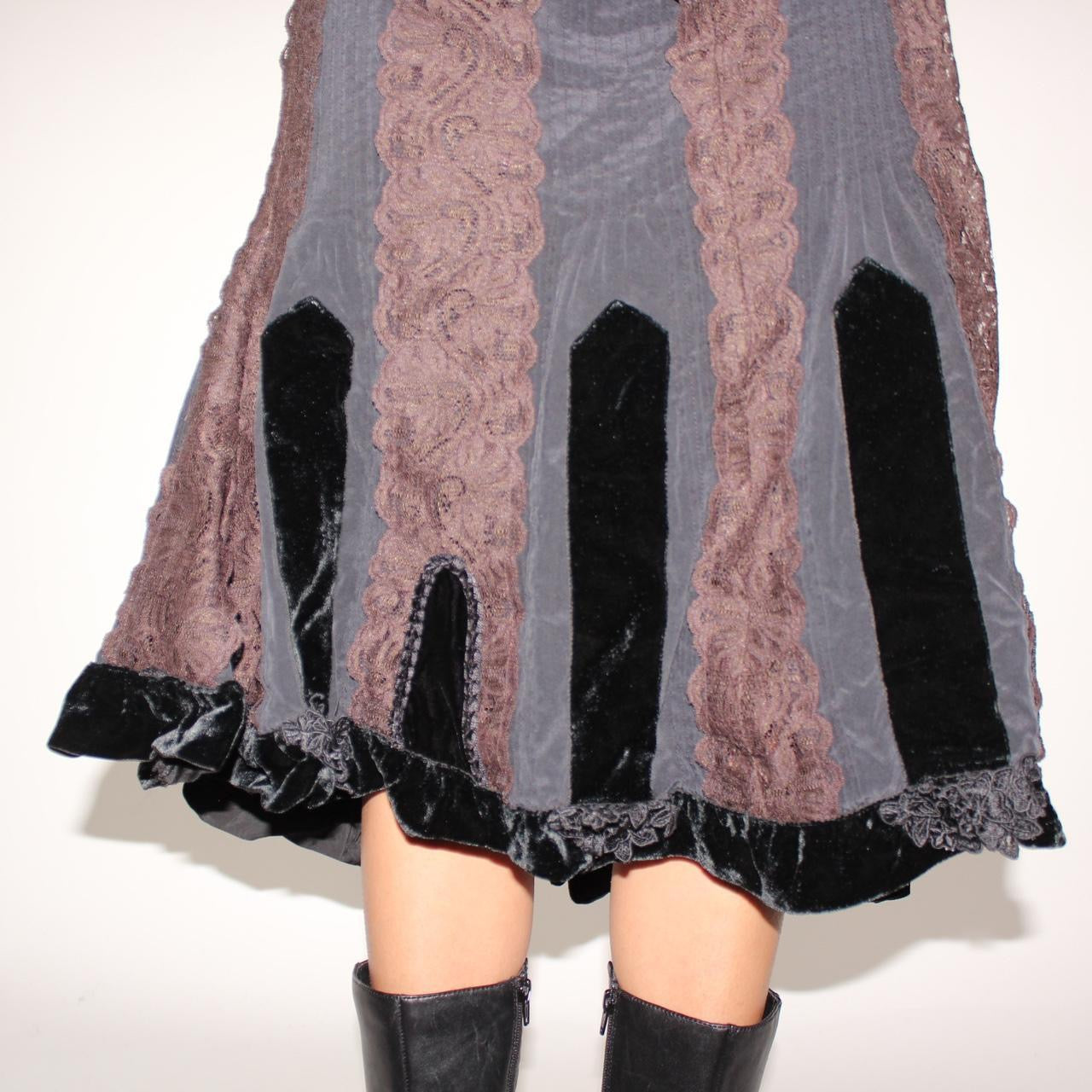 90s gothic maxi skirt with brown lace and black velvet trim