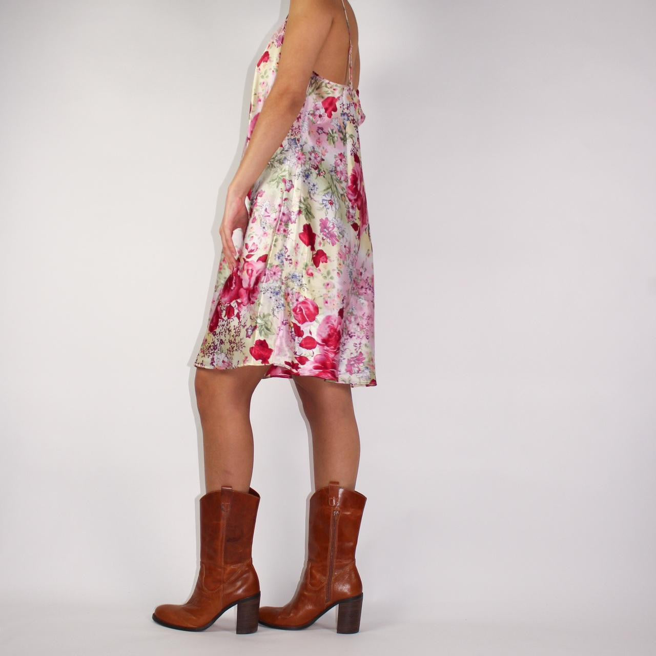 2000s romantic floral mulitcolored slip dress with pink lace