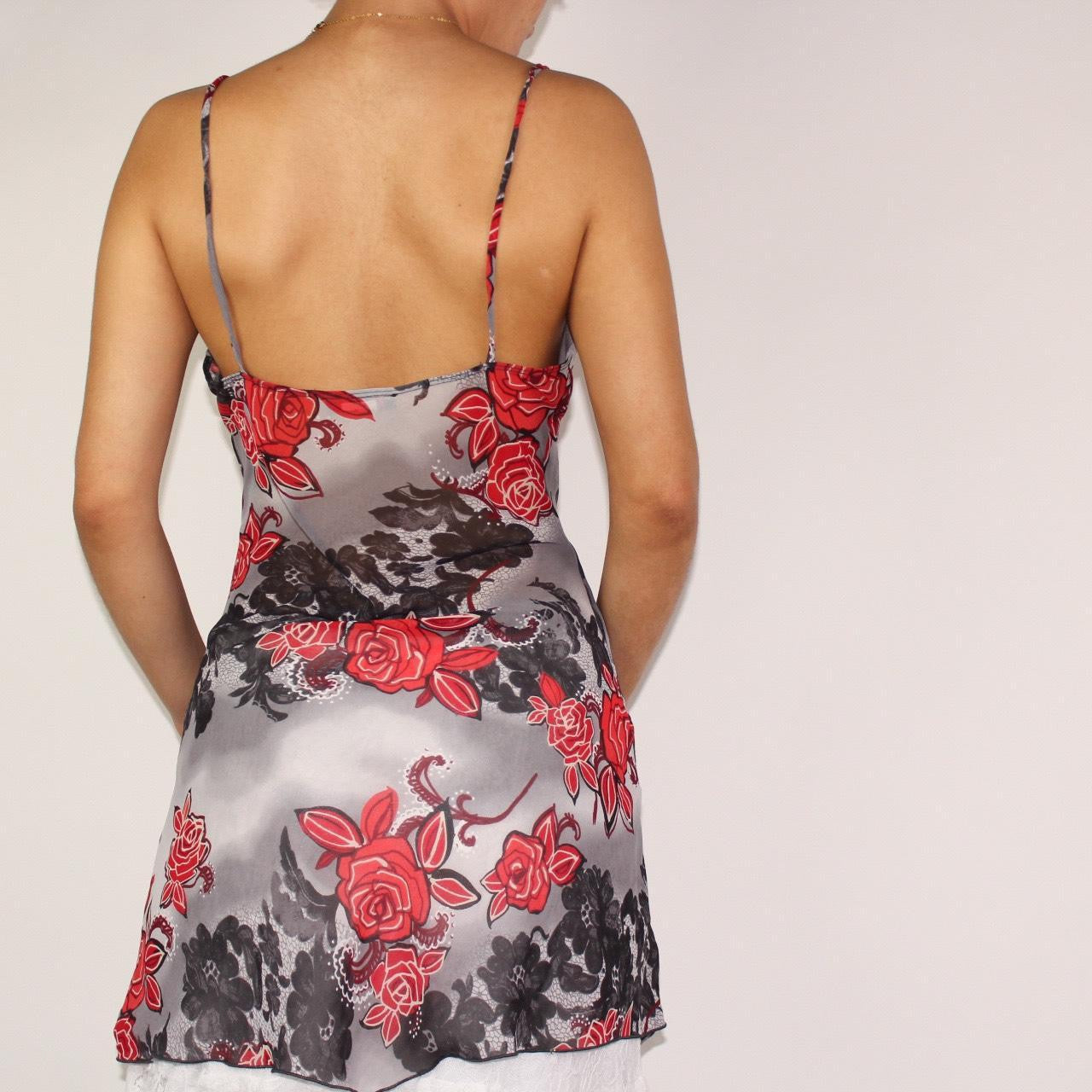 y2k rose grey graphic print camisole with asymmetrical hem tails