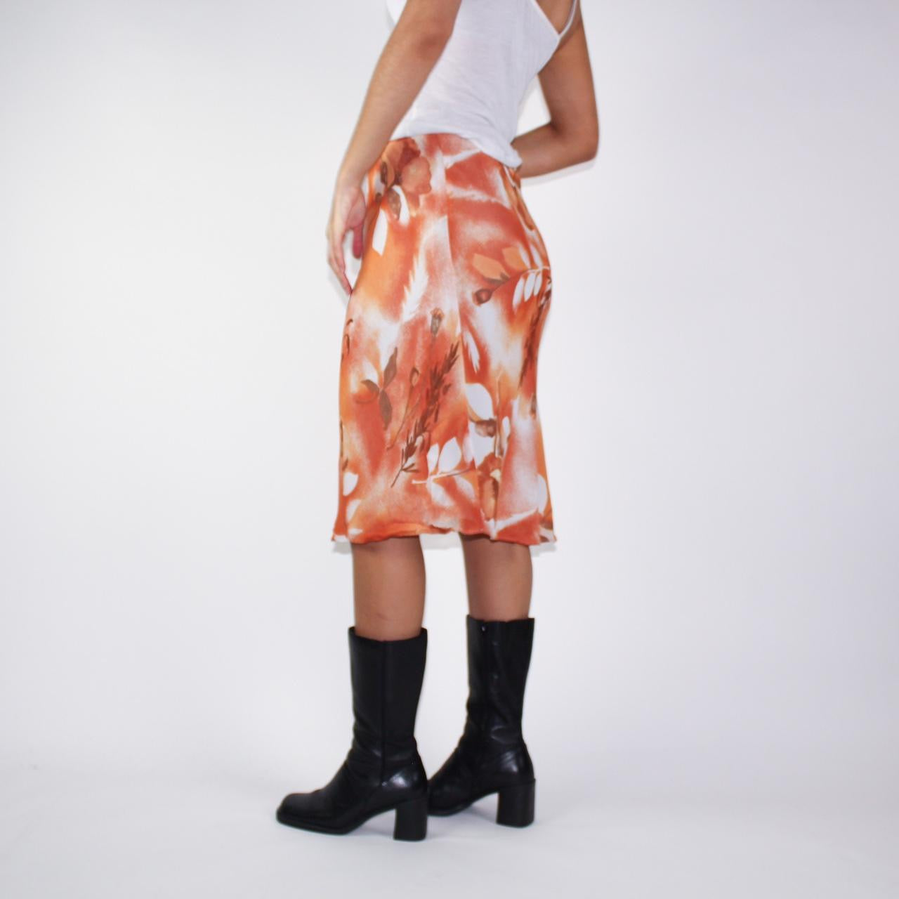 90s modern romantic floral orange and white midi skirt