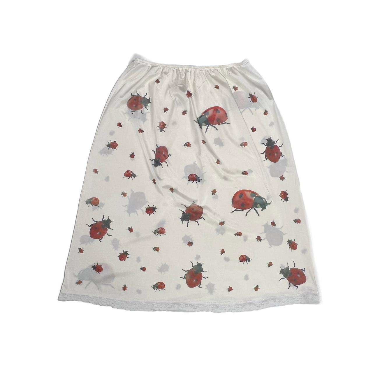 handprinted ladybug all over print on vintage slip skirt