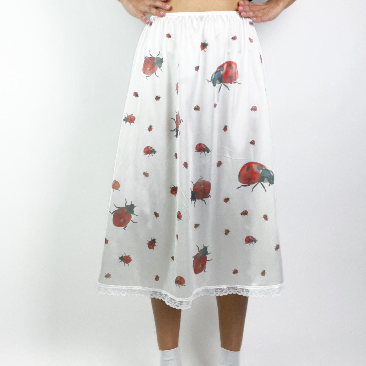 handprinted ladybug all over print on vintage slip skirt