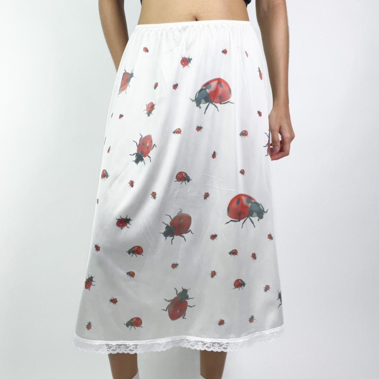 handprinted ladybug all over print on vintage slip skirt