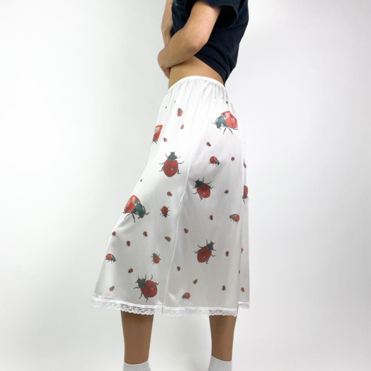 handprinted ladybug all over print on vintage slip skirt