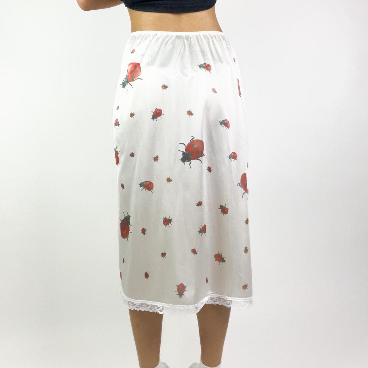 handprinted ladybug all over print on vintage slip skirt