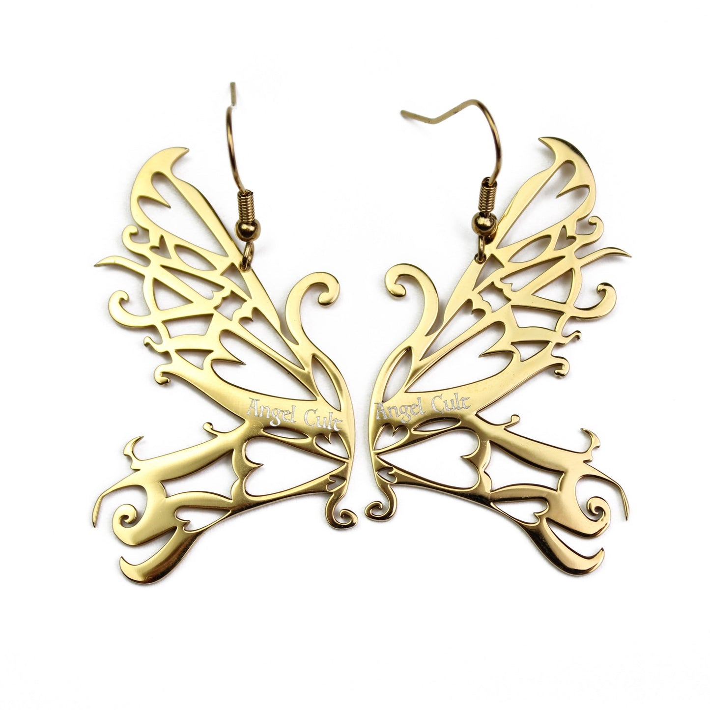 Up close photo of gold fairy dangly earrings by Angel Cult