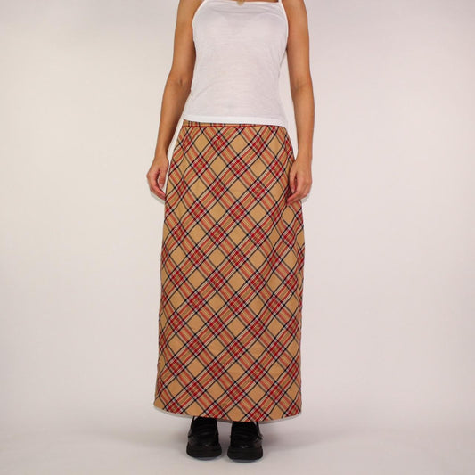 90s plaid red beige and black maxi skirt