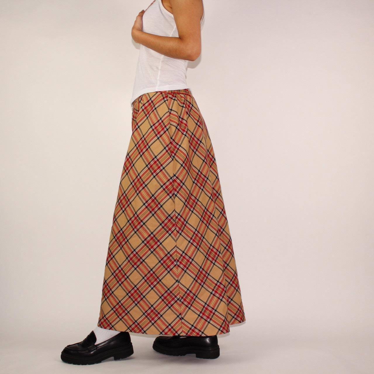 90s plaid red beige and black maxi skirt