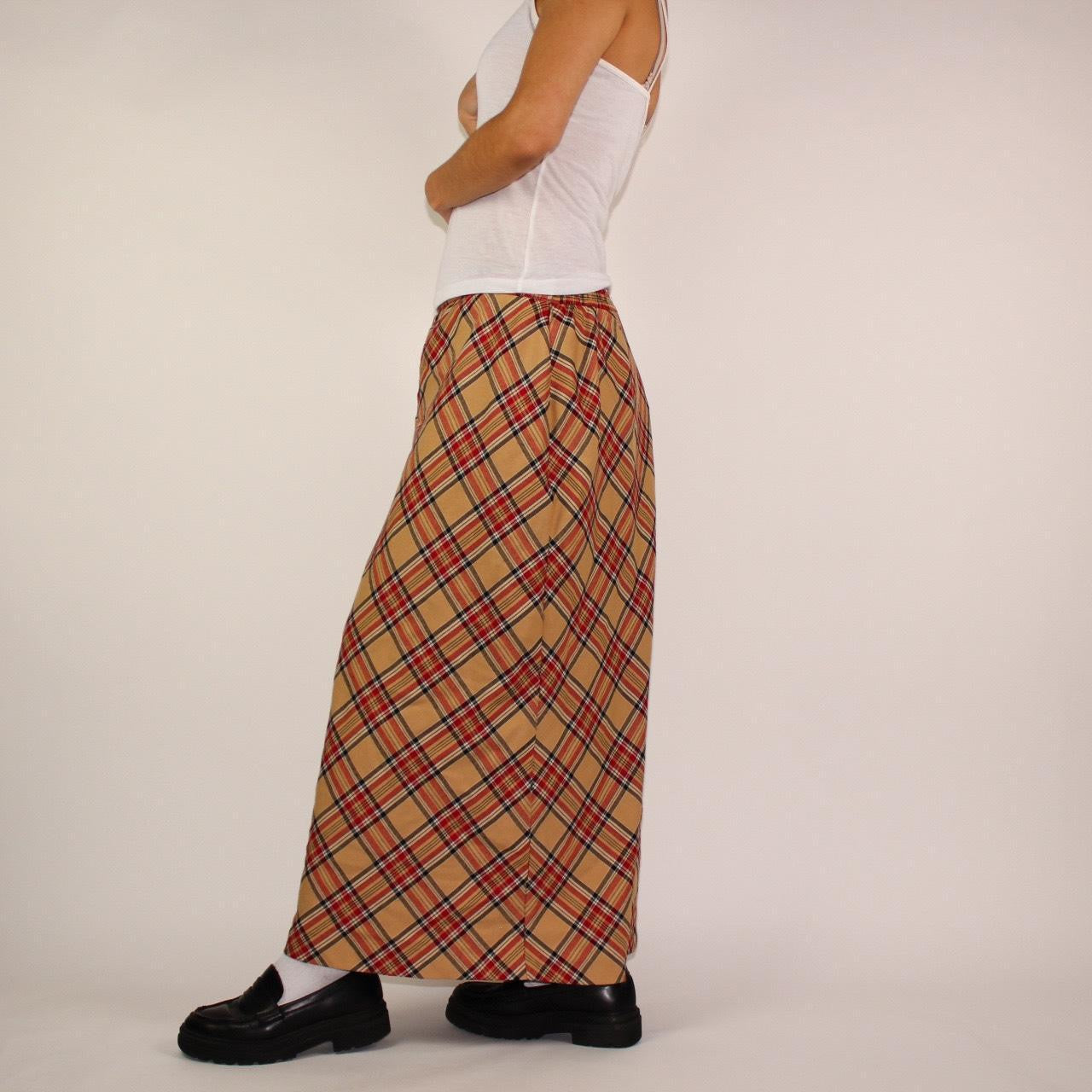 90s plaid red beige and black maxi skirt