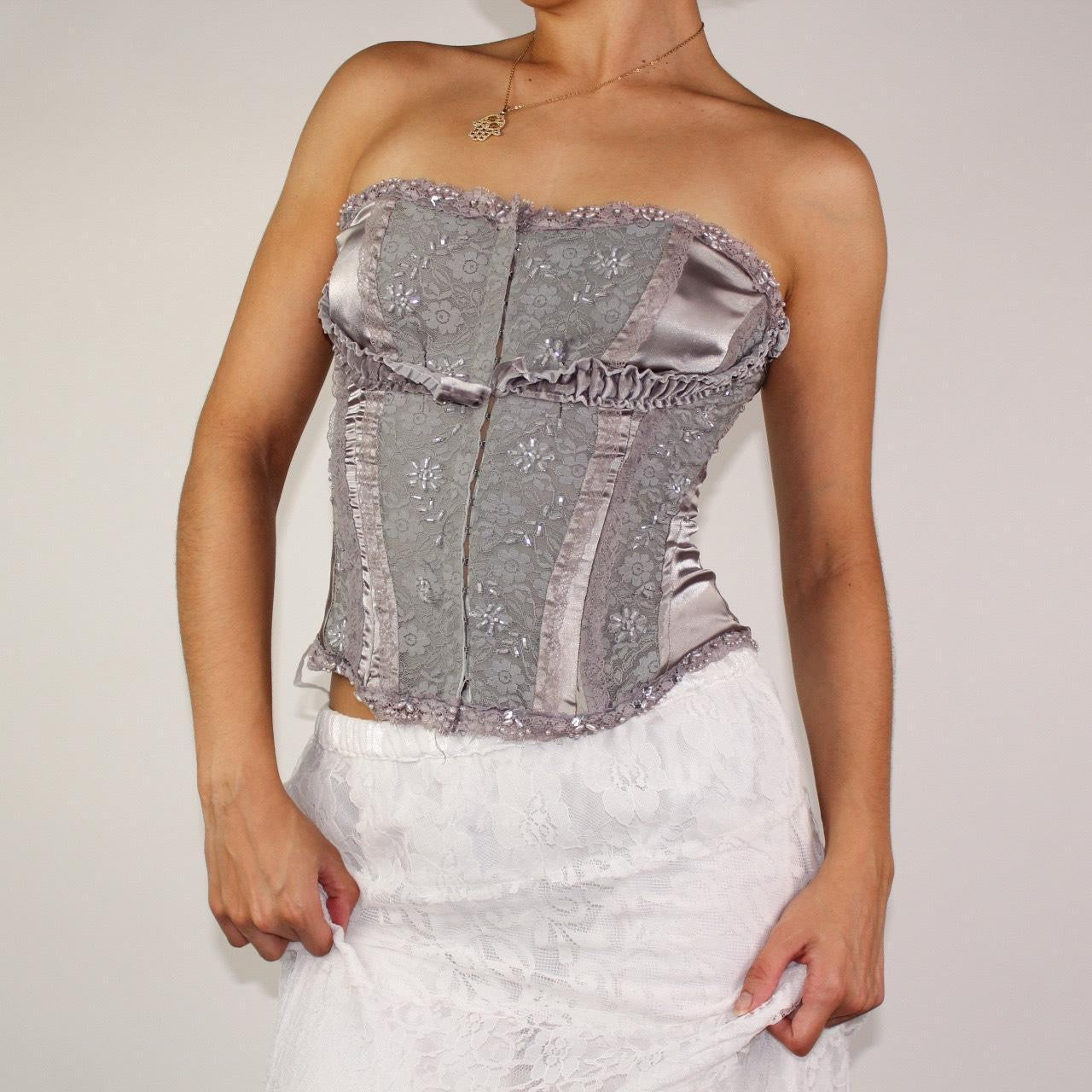 2000s sparkly beaded grey and silver strapless lace-up corset