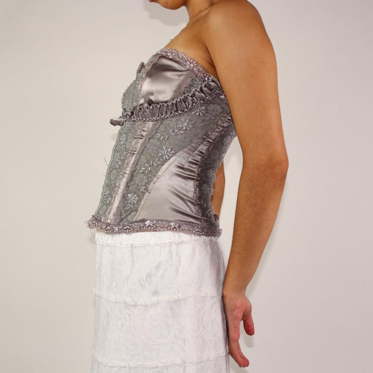 2000s sparkly beaded grey and silver strapless lace-up corset