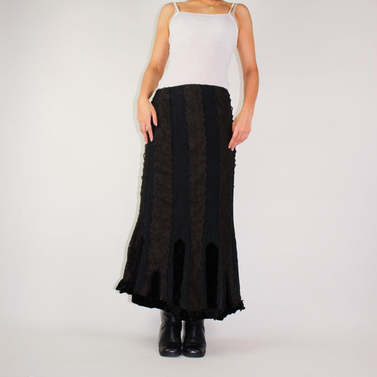 90s gothic maxi skirt with brown lace and black velvet trim