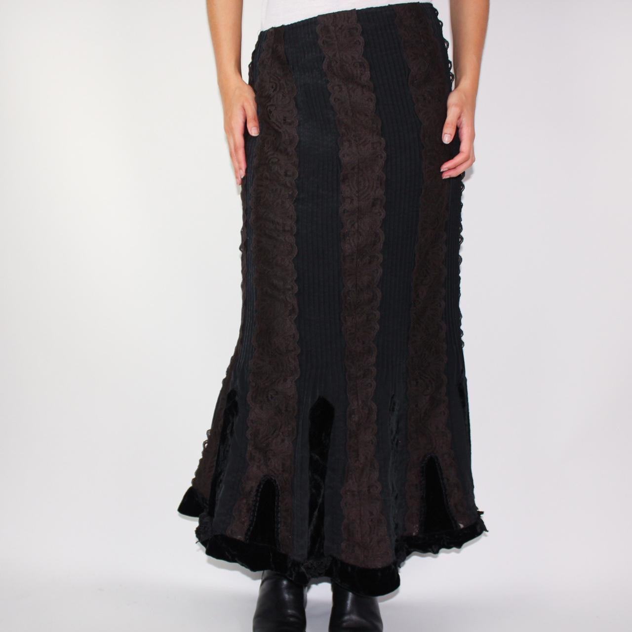 90s gothic maxi skirt with brown lace and black velvet trim