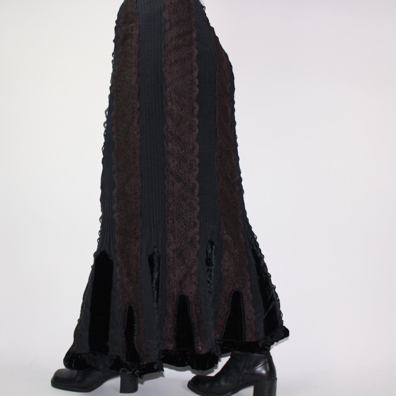 90s gothic maxi skirt with brown lace and black velvet trim