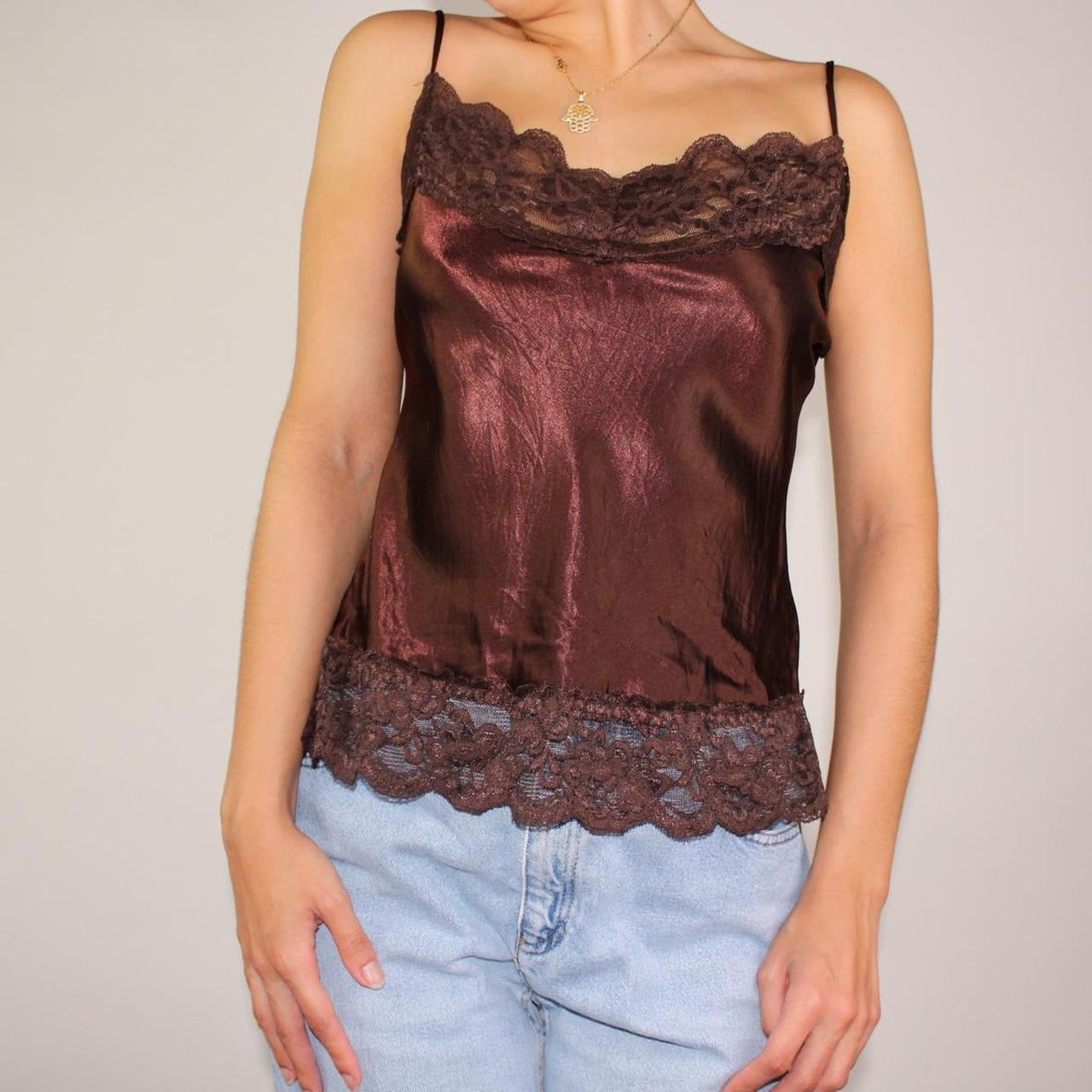 2000s iridescent dark brown camisole with thick lace trim