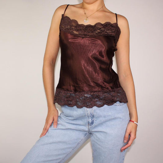 2000s iridescent dark brown camisole with thick lace trim