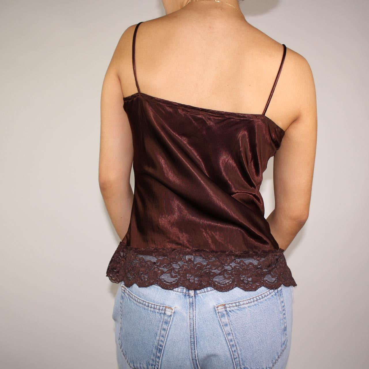 2000s iridescent dark brown camisole with thick lace trim