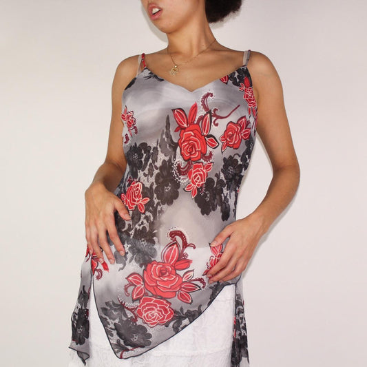 y2k rose grey graphic print camisole with asymmetrical hem tails