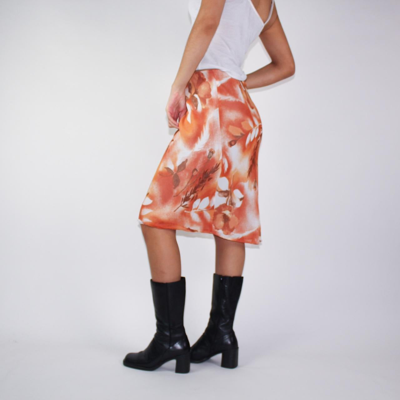 90s modern romantic floral orange and white midi skirt