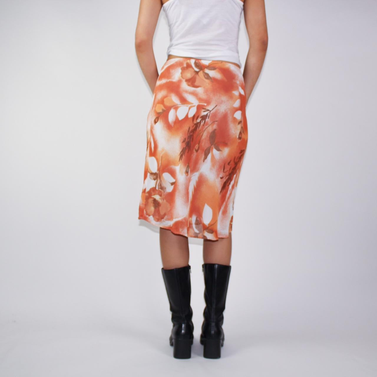 90s modern romantic floral orange and white midi skirt