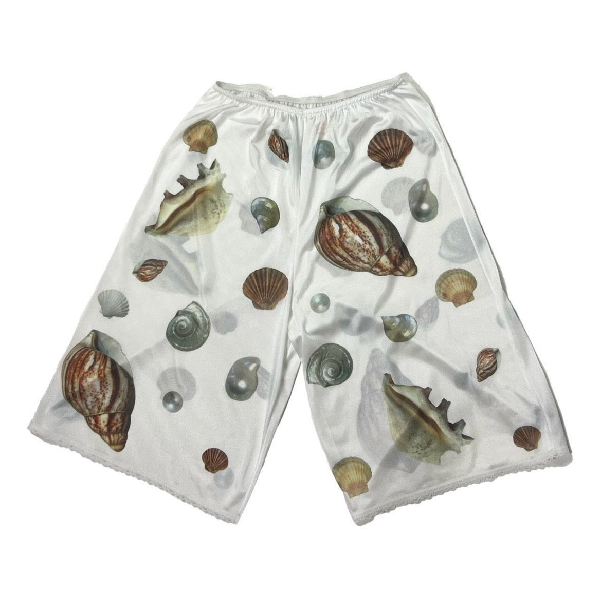 handprinted sea shells on semi-sheer bloomers / pettipants with lace trim