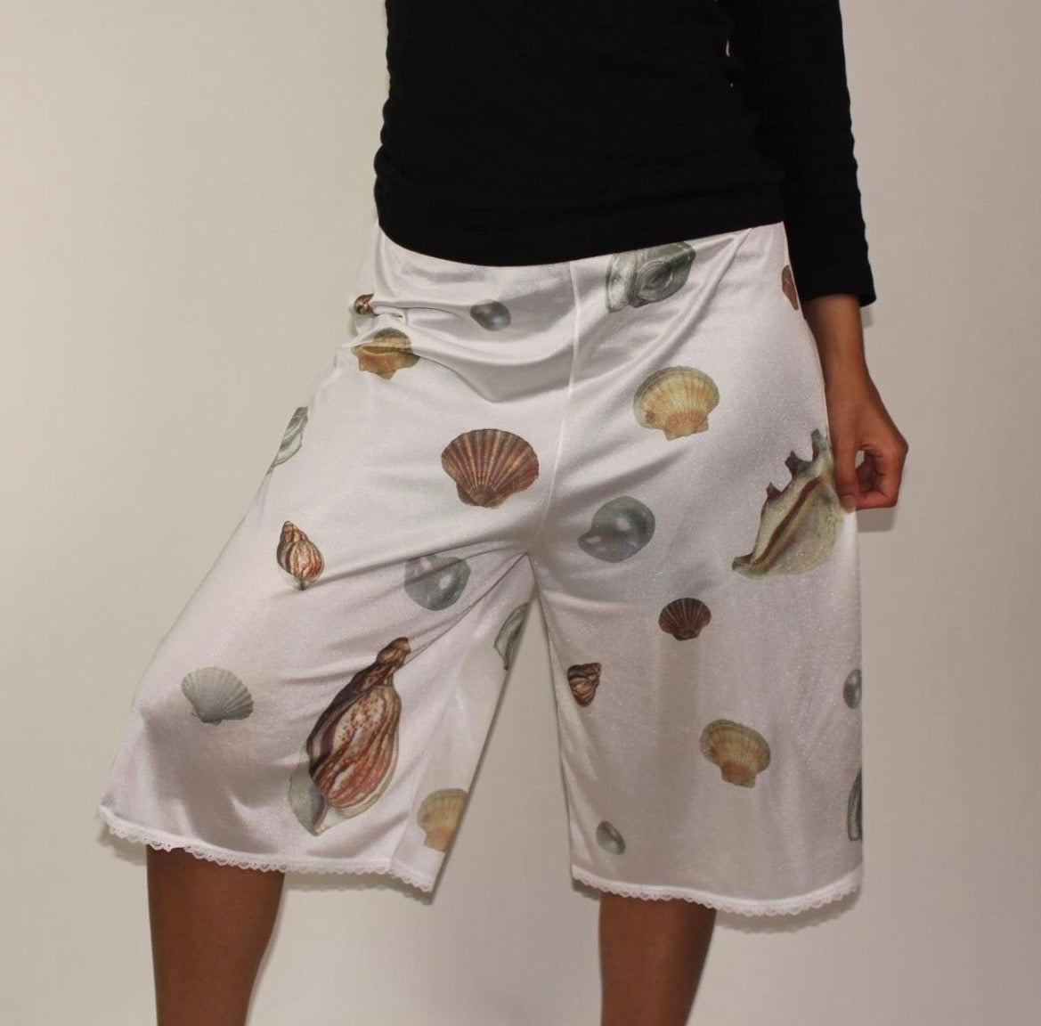handprinted sea shells on semi-sheer bloomers / pettipants with lace trim