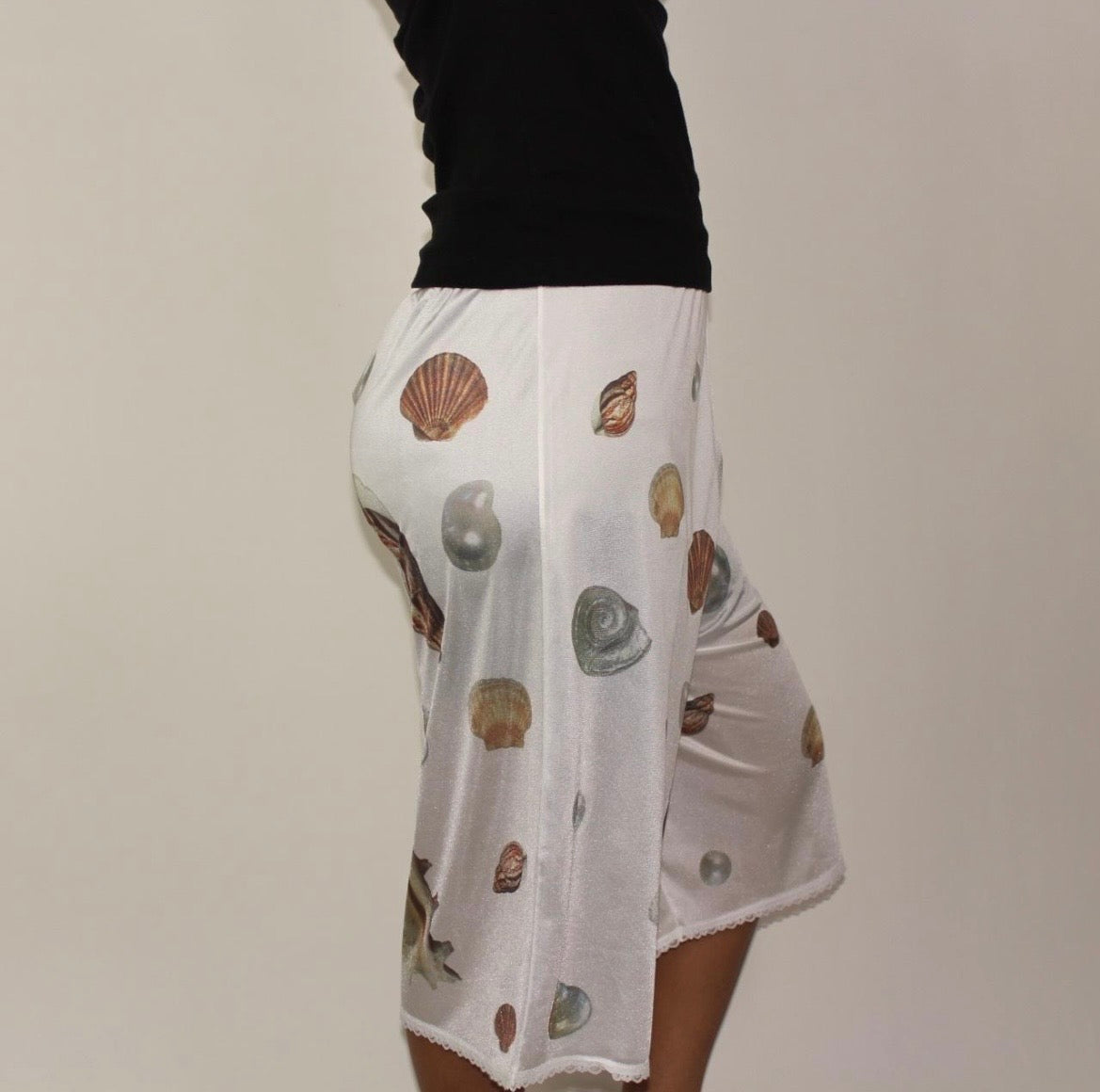 handprinted sea shells on semi-sheer bloomers / pettipants with lace trim