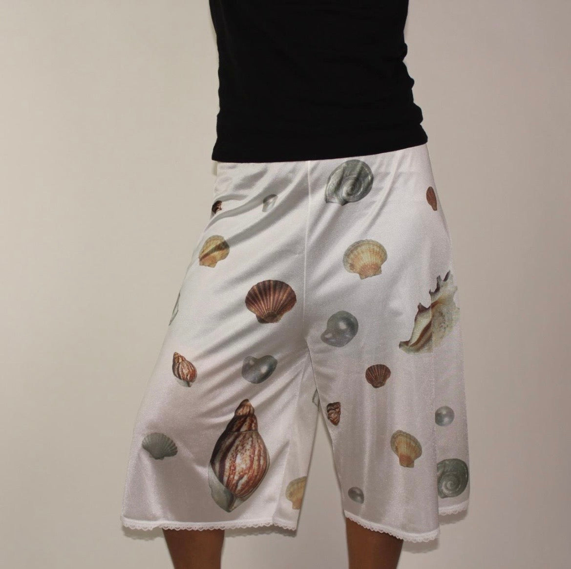 handprinted sea shells on semi-sheer bloomers / pettipants with lace trim