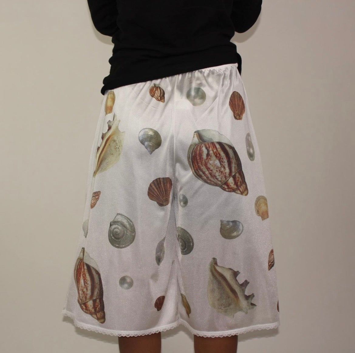 handprinted sea shells on semi-sheer bloomers / pettipants with lace trim
