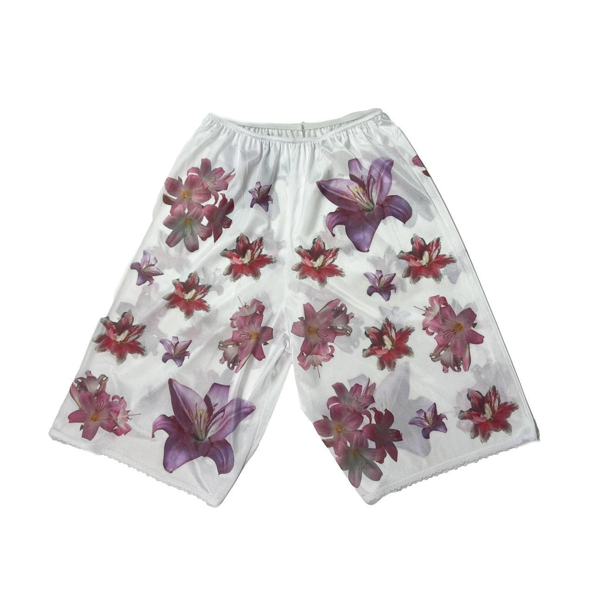 handprinted lily flower on semi-sheer bloomers / pettipants with lace trim