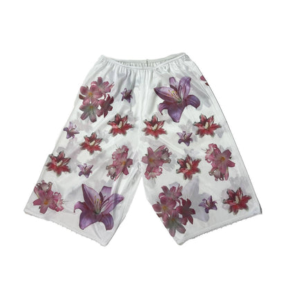 handprinted lily flower on semi-sheer bloomers / pettipants with lace trim