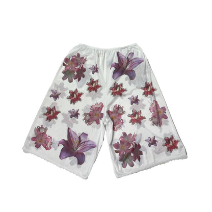 handprinted lily flower on semi-sheer bloomers / pettipants with lace trim