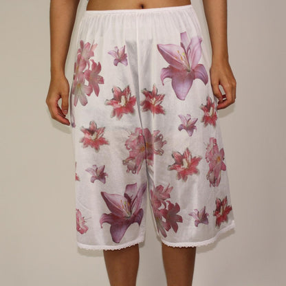 handprinted lily flower on semi-sheer bloomers / pettipants with lace trim