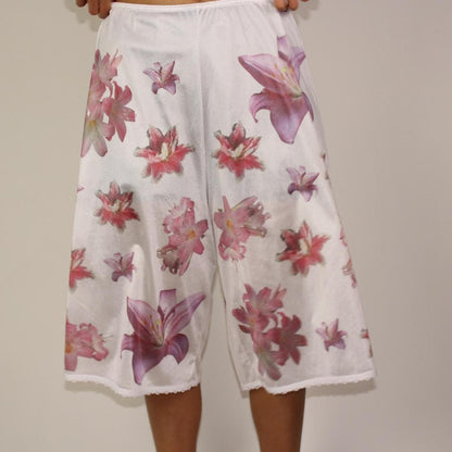 handprinted lily flower on semi-sheer bloomers / pettipants with lace trim