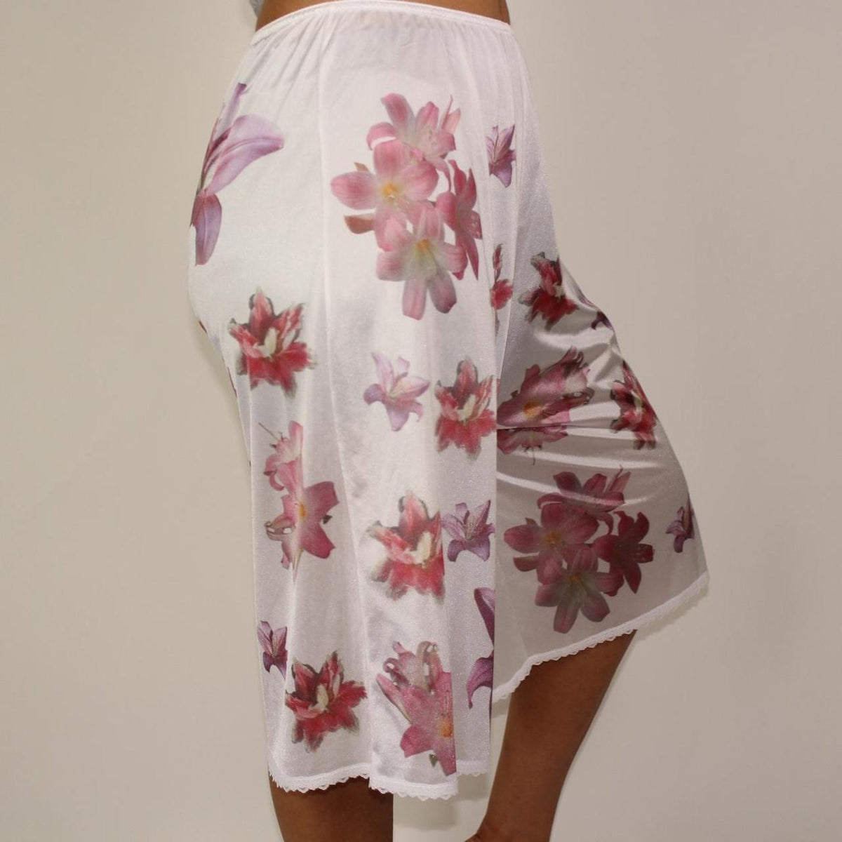 handprinted lily flower on semi-sheer bloomers / pettipants with lace trim