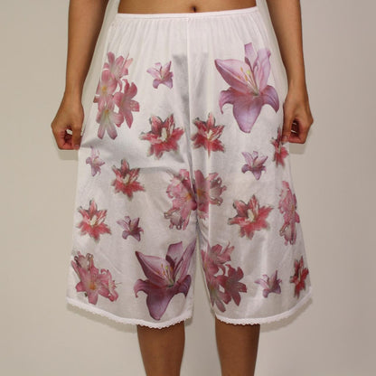handprinted lily flower on semi-sheer bloomers / pettipants with lace trim