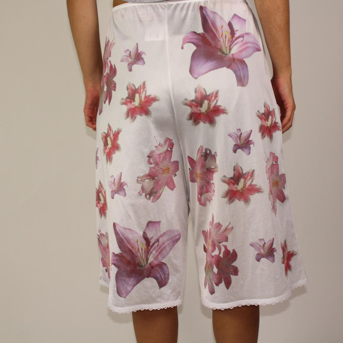 handprinted lily flower on semi-sheer bloomers / pettipants with lace trim
