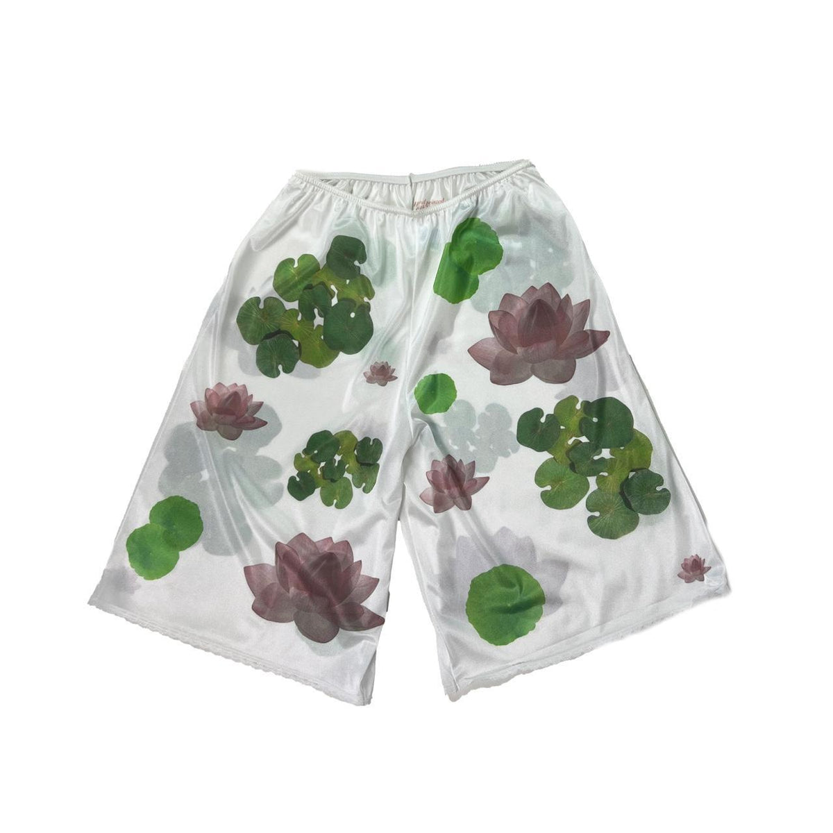 handprinted lotus + lilypad on semi-sheer bloomers / pettipants with lace trim