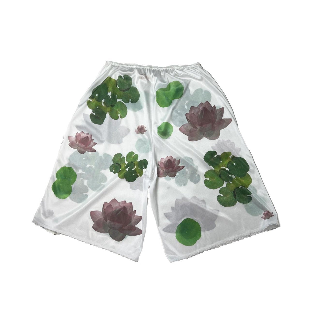 handprinted lotus + lilypad on semi-sheer bloomers / pettipants with lace trim