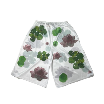 handprinted lotus + lilypad on semi-sheer bloomers / pettipants with lace trim