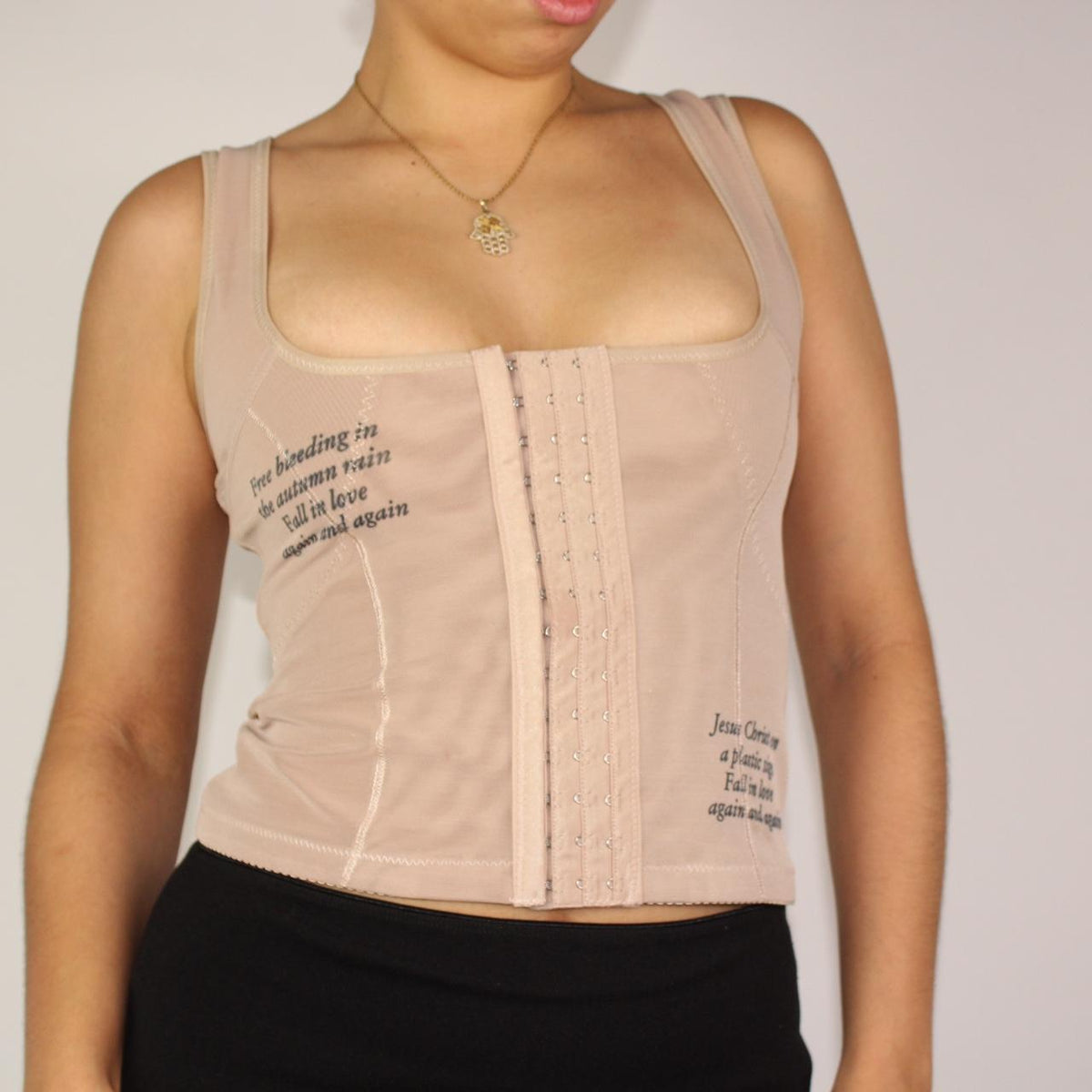 handprinted ‘free bleeding in the autumn rain’ brat lyrics / cross corset beige shapewear (1/1) (M)