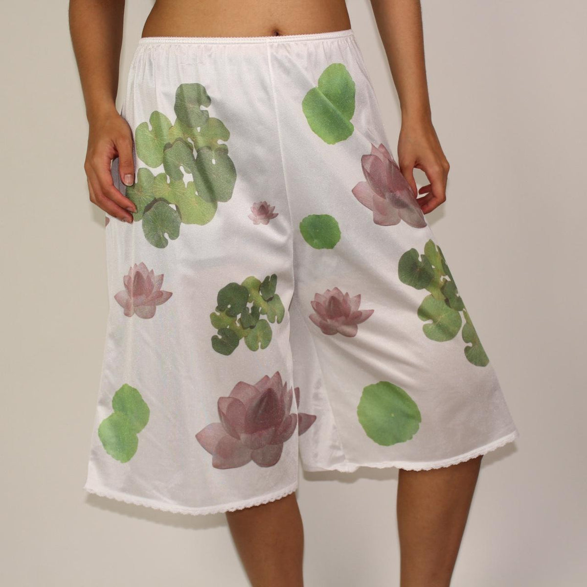 handprinted lotus + lilypad on semi-sheer bloomers / pettipants with lace trim