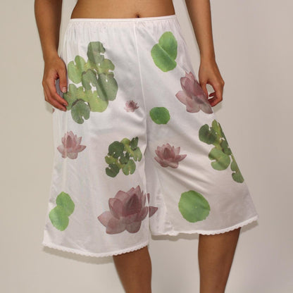 handprinted lotus + lilypad on semi-sheer bloomers / pettipants with lace trim