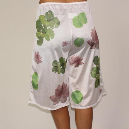handprinted lotus + lilypad on semi-sheer bloomers / pettipants with lace trim