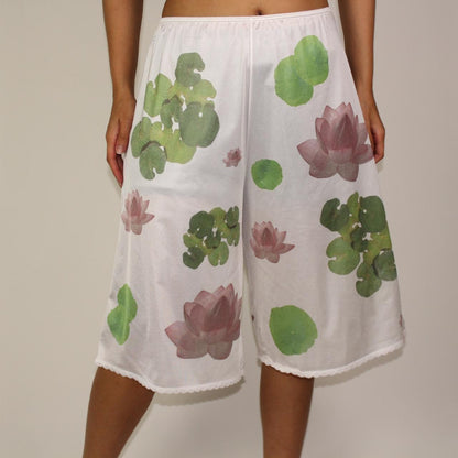 handprinted lotus + lilypad on semi-sheer bloomers / pettipants with lace trim