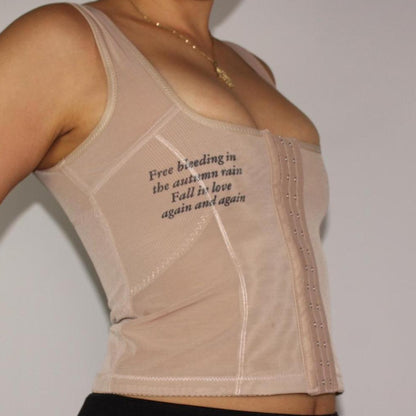 handprinted ‘free bleeding in the autumn rain’ brat lyrics / cross corset beige shapewear (1/1) (M)