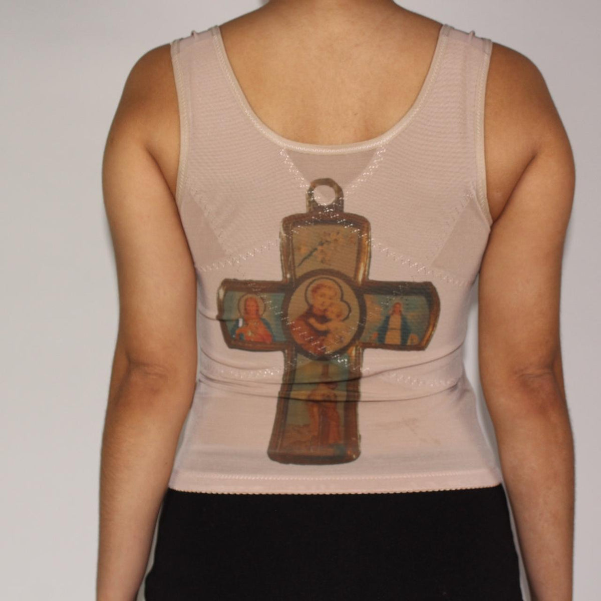 handprinted ‘free bleeding in the autumn rain’ brat lyrics / cross corset beige shapewear (1/1) (M)